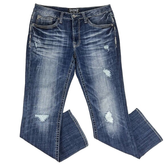 Salvage Jeans Mens 34x31 Havoc Straight Regular Stretch Distressed Blue Buckle - Picture 1 of 12